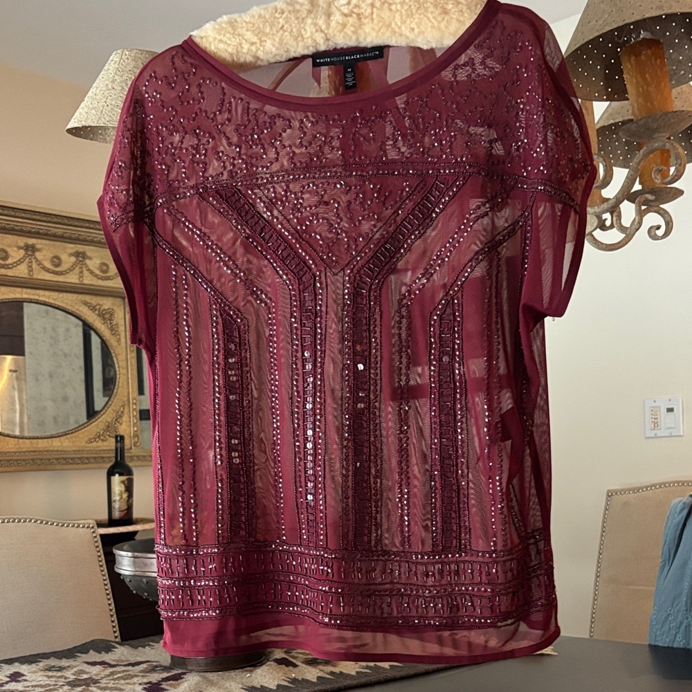 White House Black Market Burgundy Sheer Embellished Blouse